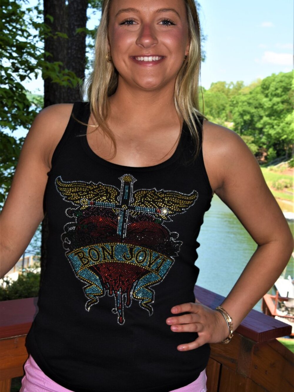 Bon Jovi black rhinestone bling racer back tank top XS, S, M, L, XL, XXL